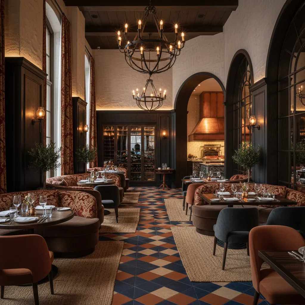 Elegant restaurant interior with dark wood panels patterned tile floor large ceiling lights and seating