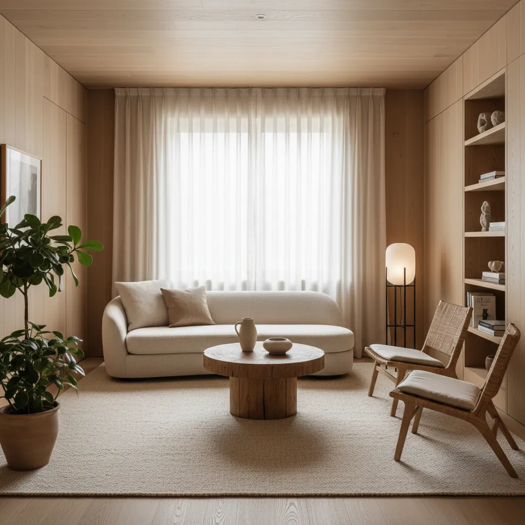 Interior cálido con materiales naturales y luz suave