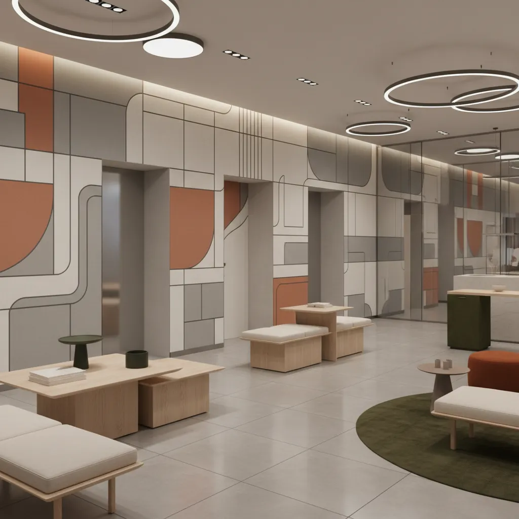 Modern room with geometric wall panels circular ceiling lights wooden benches low tables and grey floor