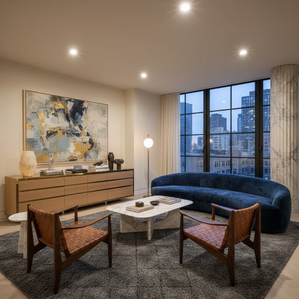 salón contemporáneo con mezcla de texturas y muebles de diseño