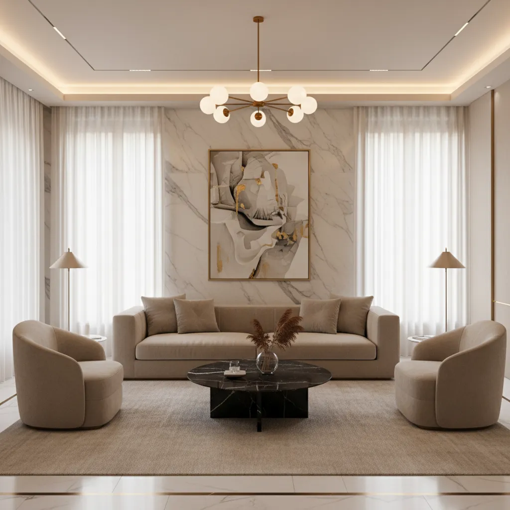 Elegant living room featuring beige sofa, marble wall, art piece, coffee table, and ceiling light