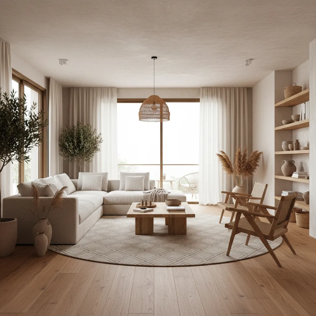 Salón moderno con diseño interior elegante y materiales naturales