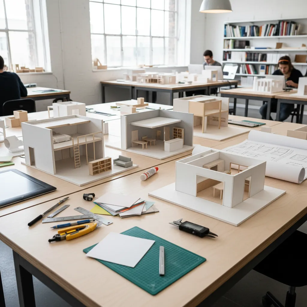 Maquetas de proyectos de interiorismo sobre una mesa de trabajo