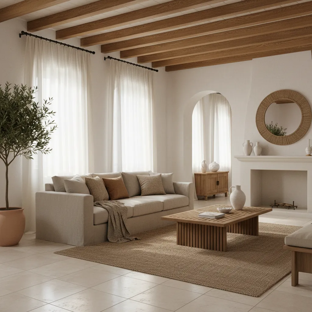 Salón mediterráneo moderno con materiales naturales y luz natural