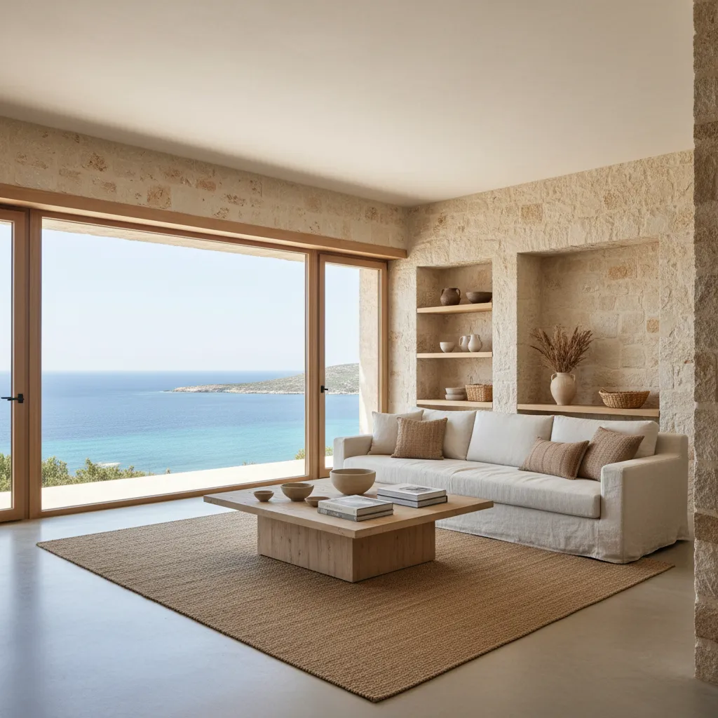 Mediterranean living room with stone walls white sofa wooden table jute rug and ocean view