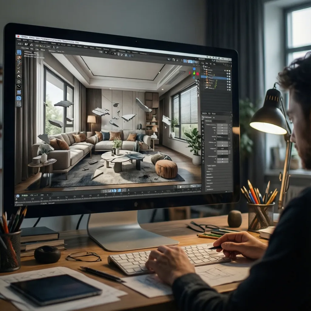 Pantalla mostrando diseño interior en software 3D