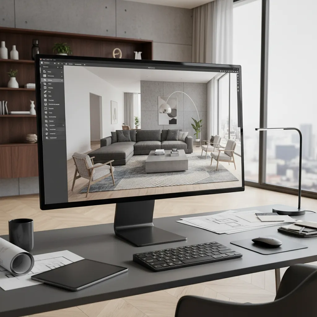 Computer monitor displaying 3D interior design drawing of living room with sofa on dark desk
