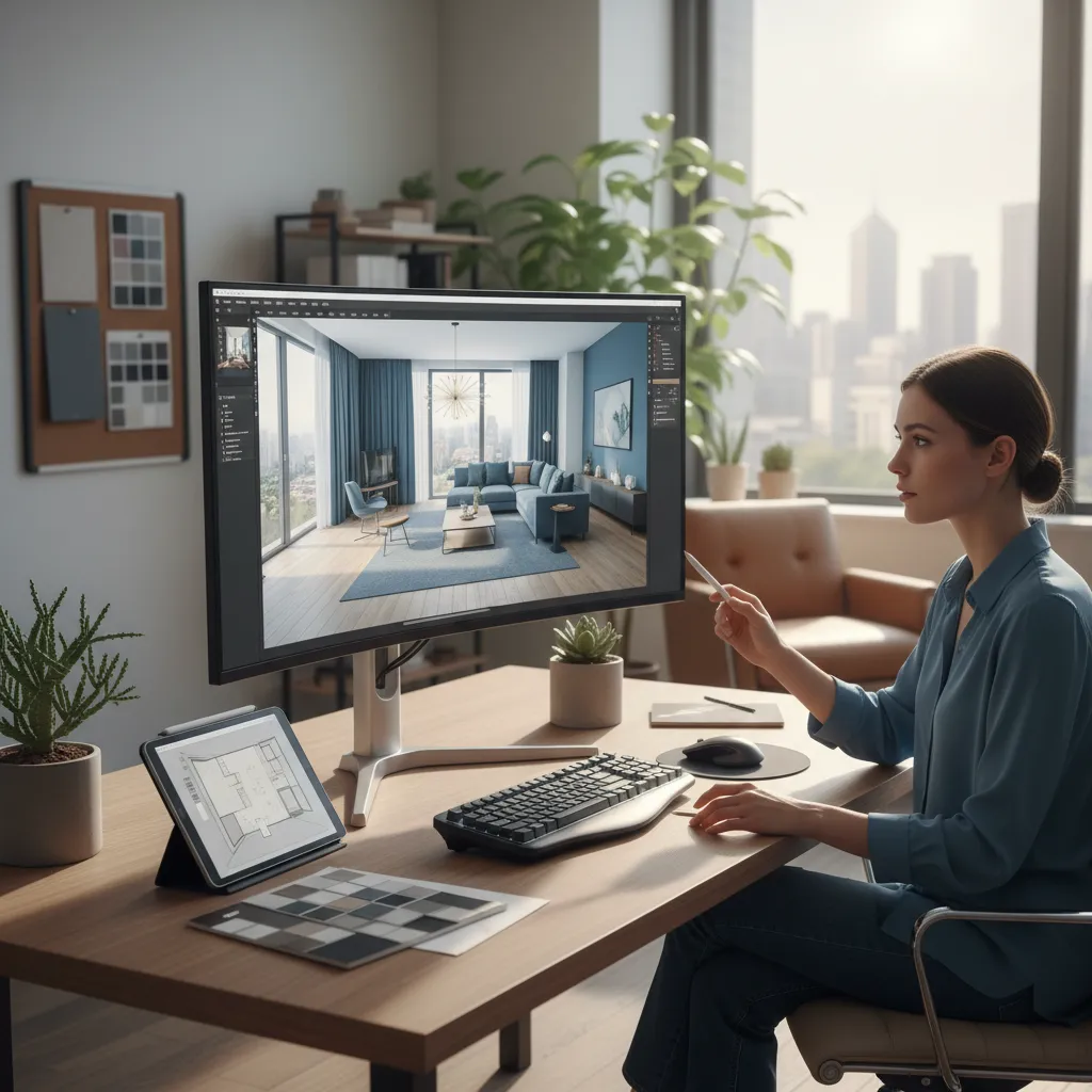 Diseñador creando modelo 3D de un apartamento en ordenador