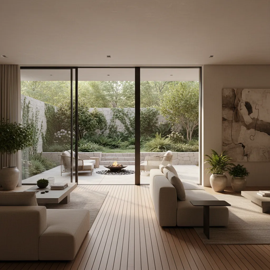 Salón moderno conectado visualmente con un jardín diseñado con paisajismo