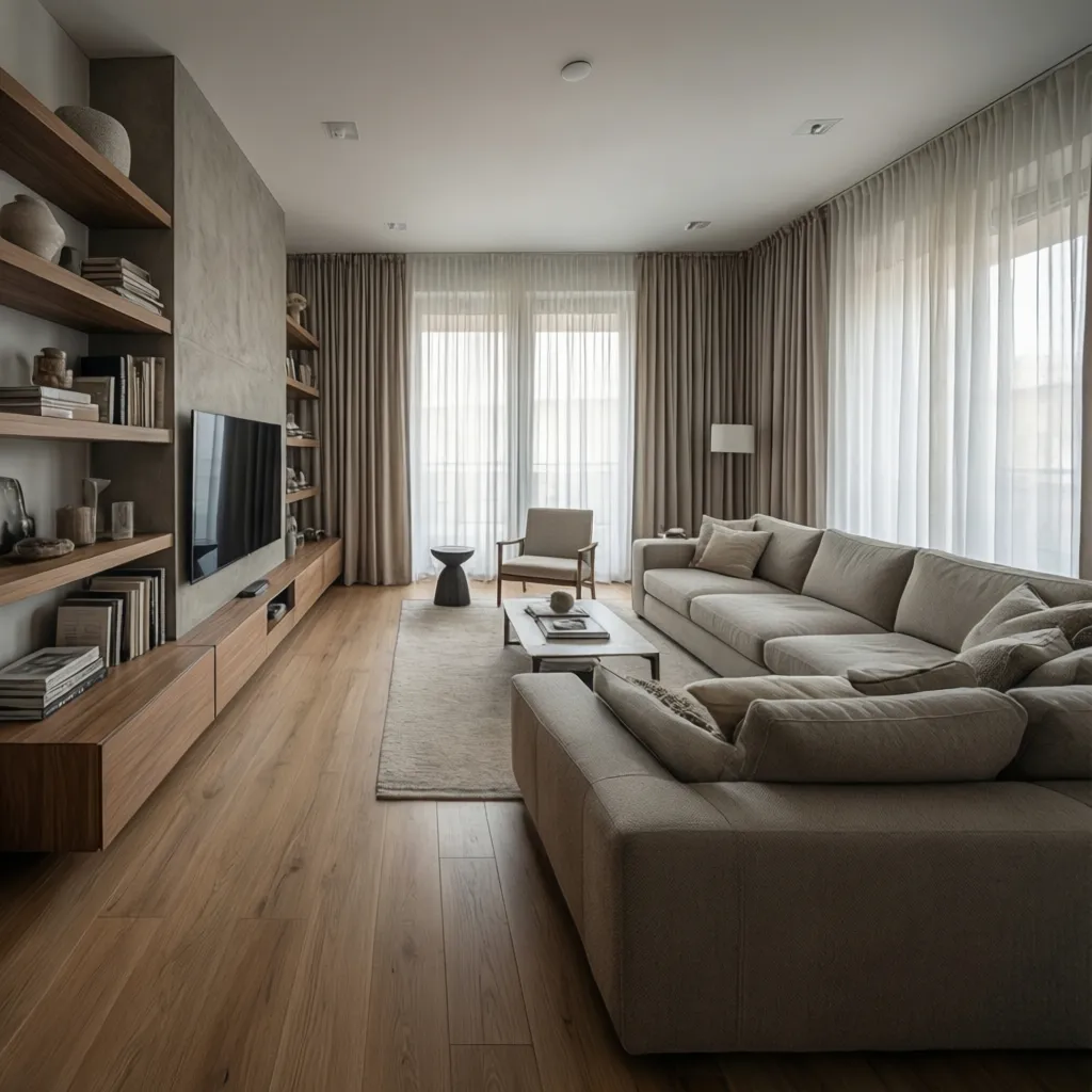 Salón moderno diseñado por interiorista en un piso de Madrid