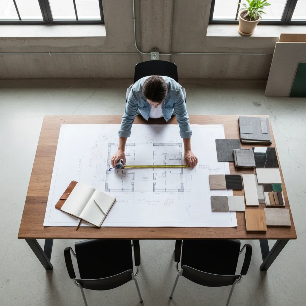 Designer measuring floor plan with yellow tape measure on wooden table with many material samples