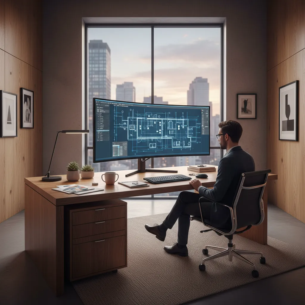 Professional designer working on a blue floor plan layout using a large curved computer monitor