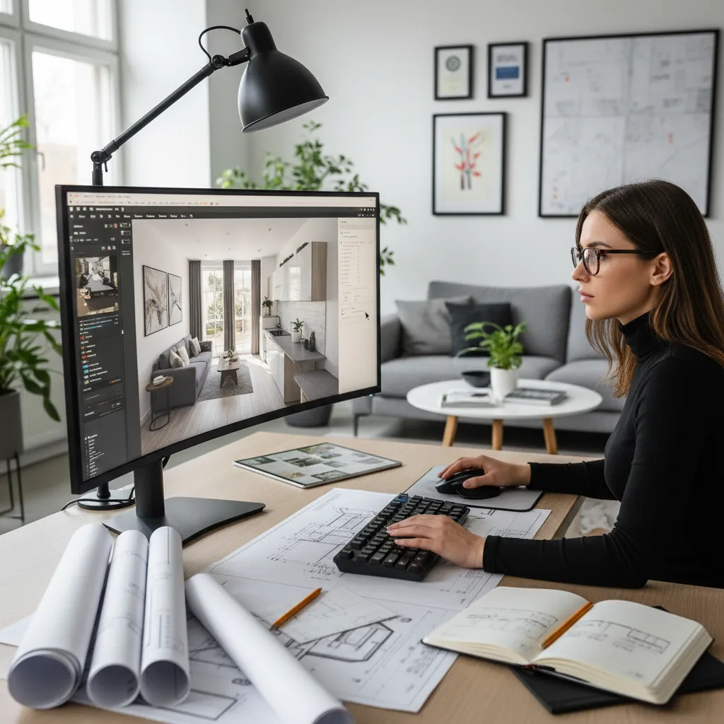 Diseñador de interiores trabajando con planos 3D en ordenador