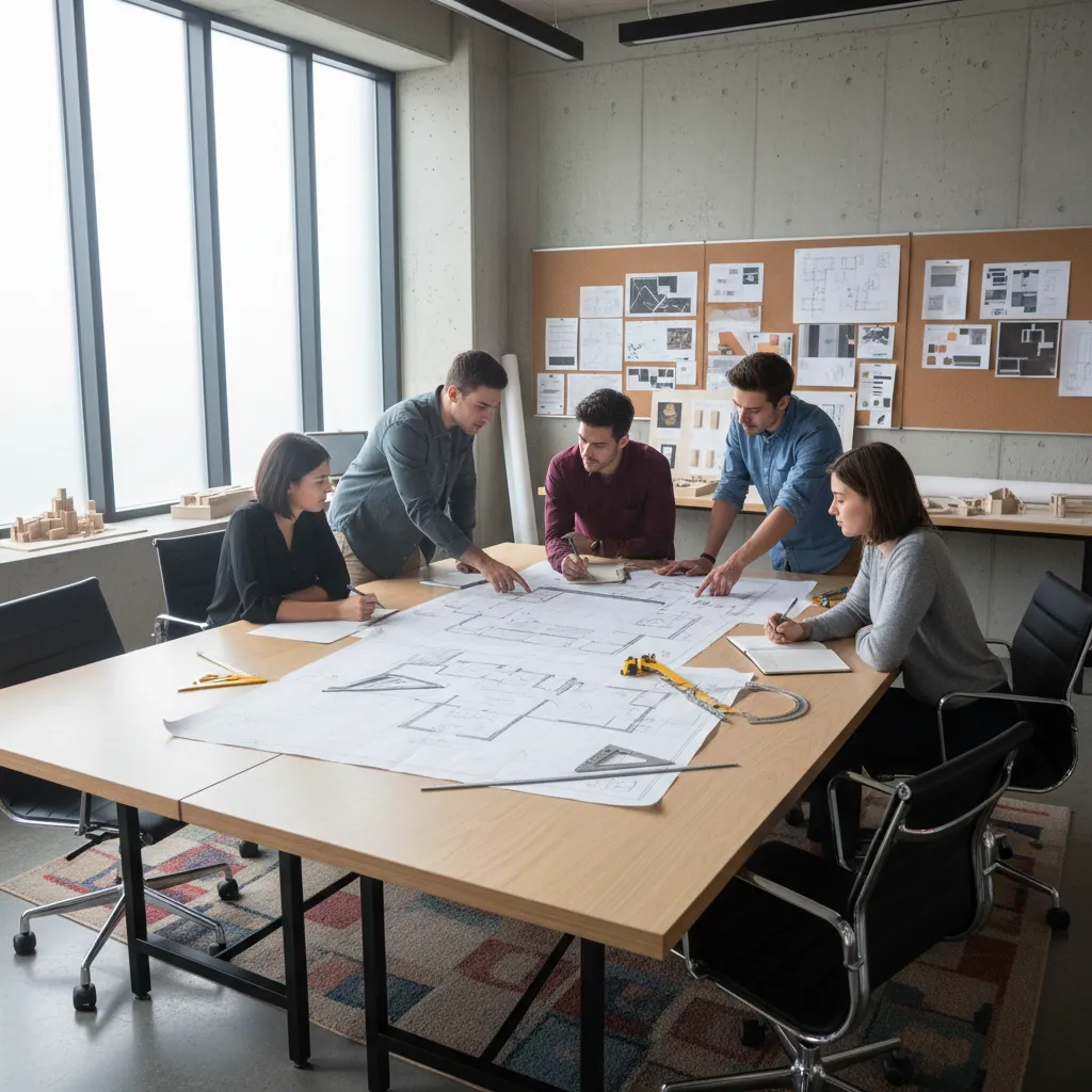 Estudiantes de diseño de interiores revisando planos de distribución en una mesa de trabajo