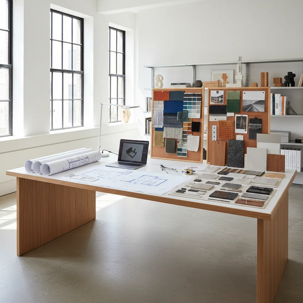 Large wooden desk with floor plan laptop material samples and fabric swatches on cork boards