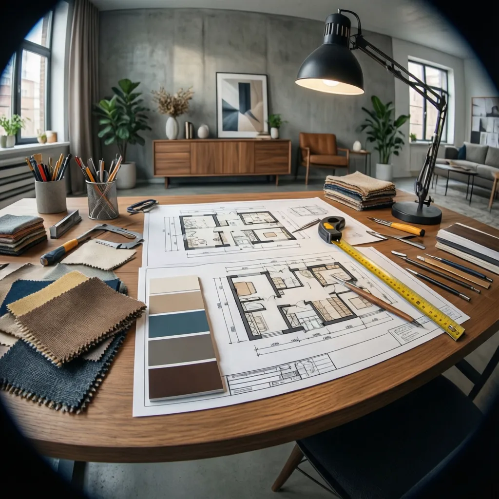 Planos de interiorismo con muestras de materiales sobre una mesa de trabajo