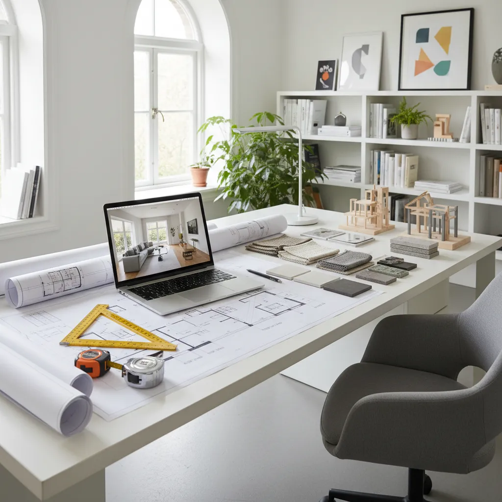 Bright workspace featuring laptop, floor plan drawings, material samples, measuring tools, and white storage shelves