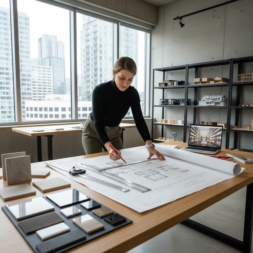 Female designer drawing a floor plan on a large desk with material samples and laptop