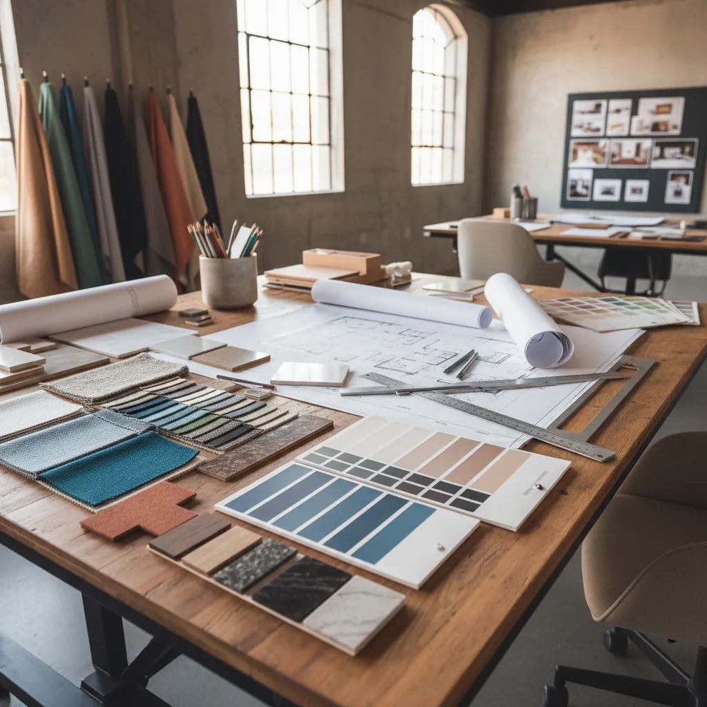 Planos de distribución interior con muestras de materiales sobre una mesa de trabajo