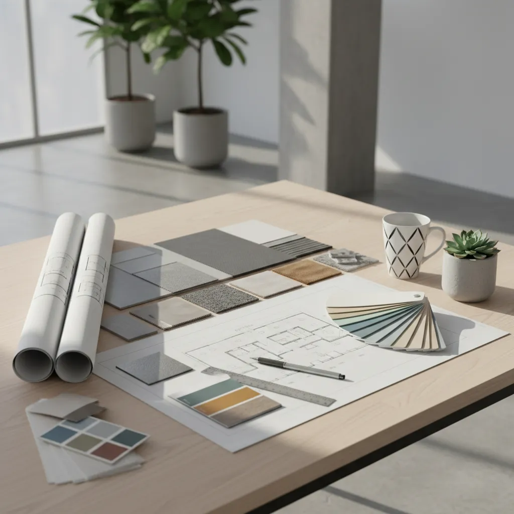 Interior design workspace with paper floor plans material samples color swatches and small potted plants