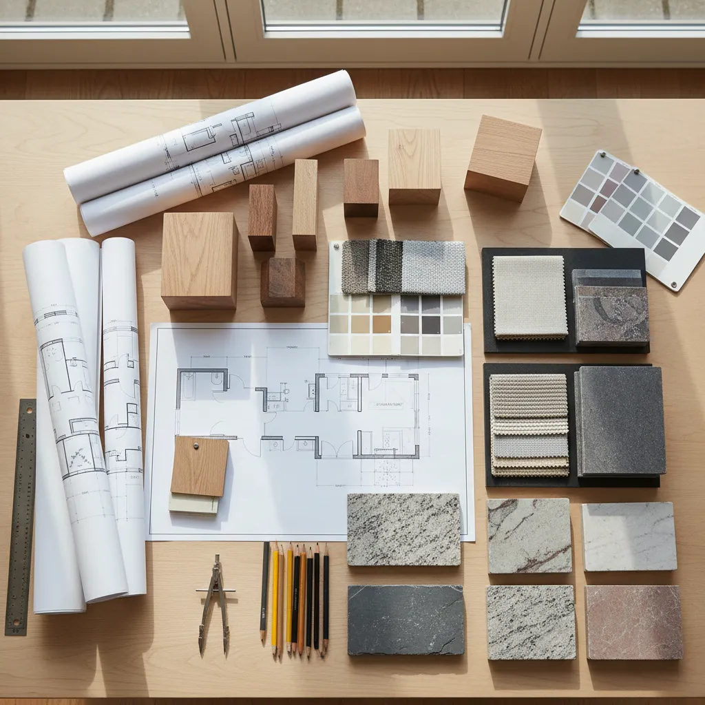 Planos de diseño interior con muestras de materiales sobre una mesa