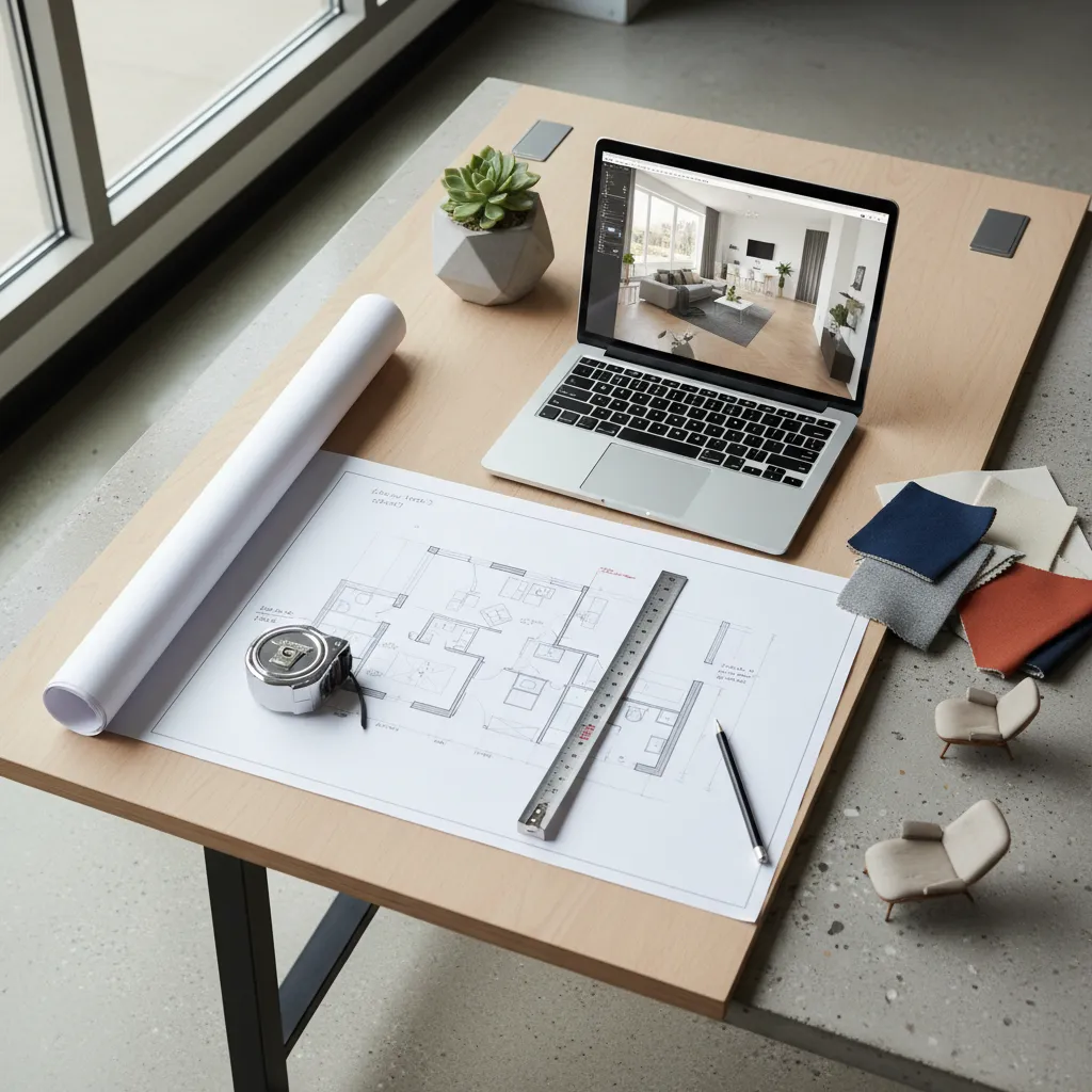 Plano de distribución de un apartamento con herramientas de diseño sobre la mesa