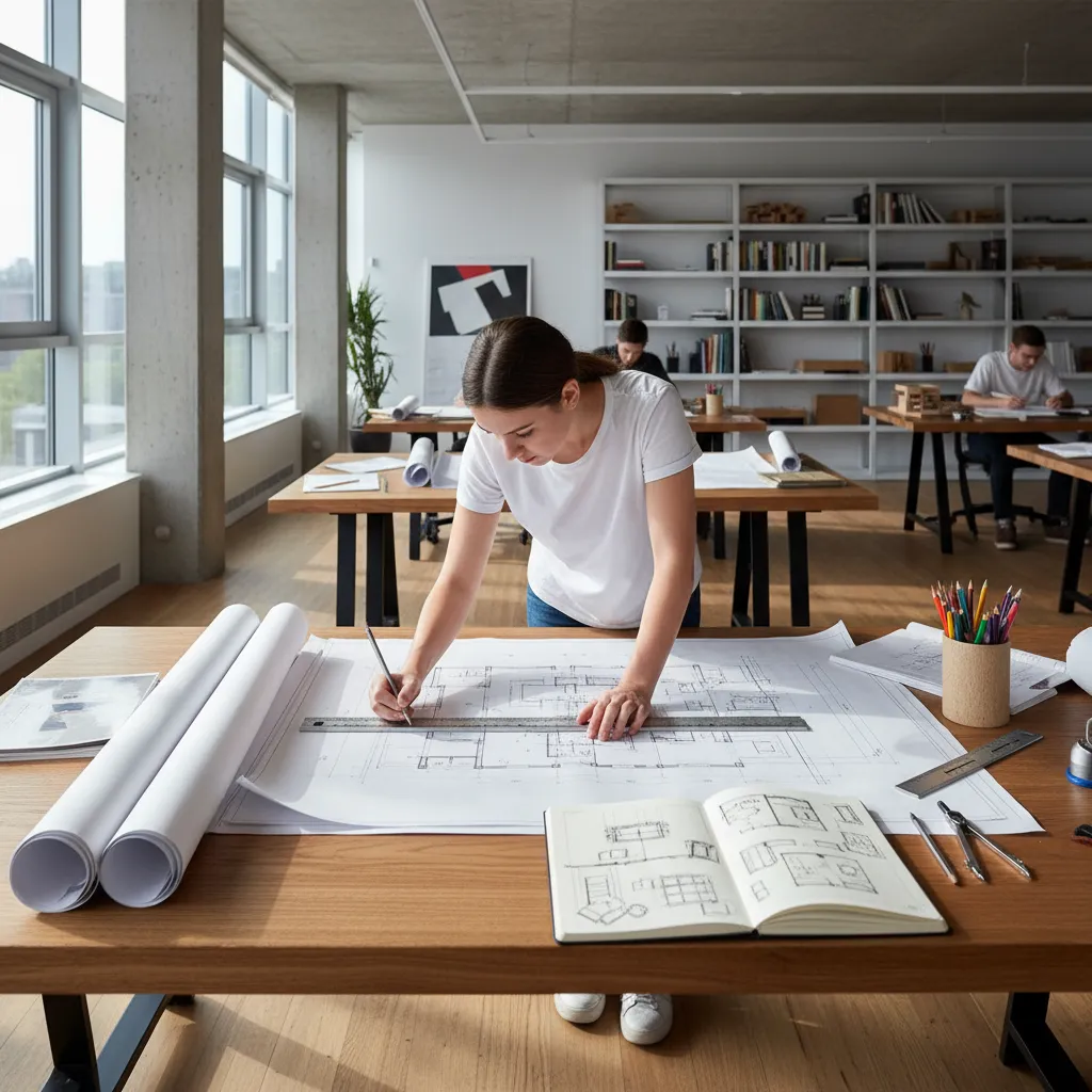 Estudiante revisando planos de distribución de una vivienda