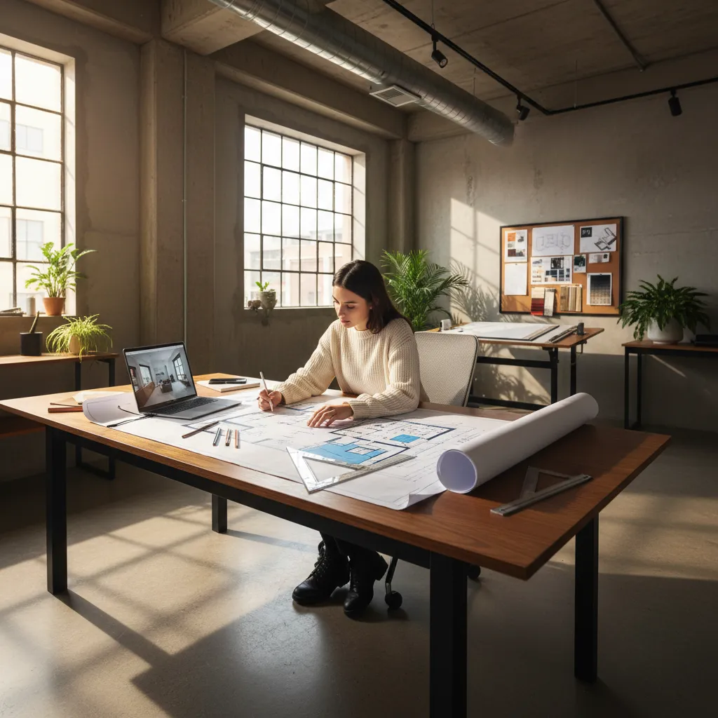 Estudiante revisando planos de diseño interior sobre una mesa de trabajo