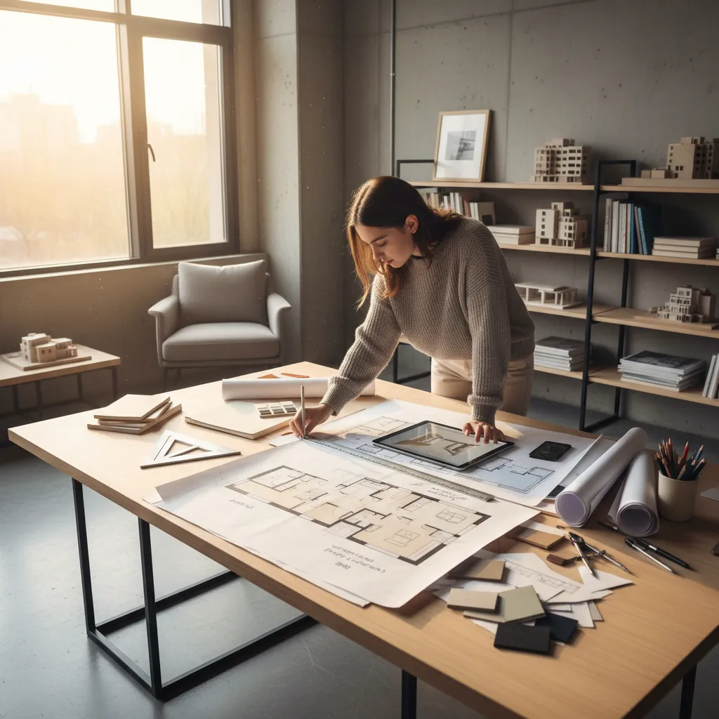 Estudiante analizando planos de distribución de una vivienda en una mesa de trabajo
