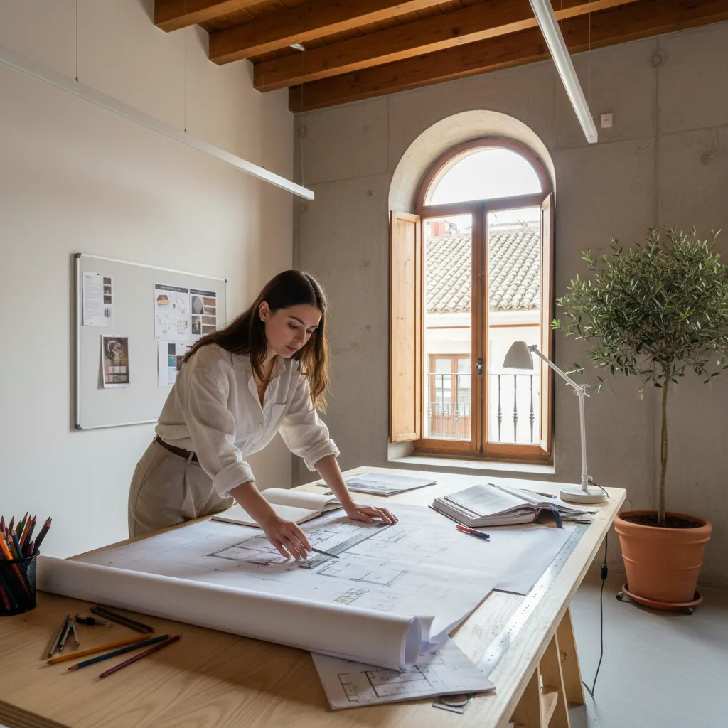 Estudiante revisando planos de distribución en un proyecto de interiorismo