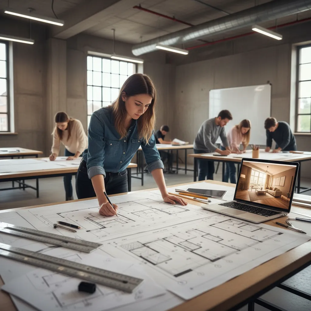 Estudiante revisando planos técnicos de interiorismo en una mesa de trabajo