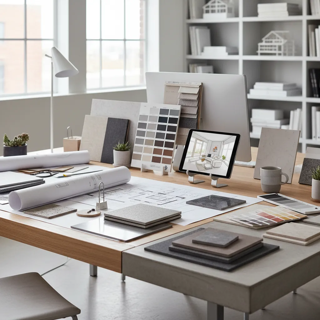 Interior design workspace with floor plans, material samples, tablet showing room sketch, and desk lamp
