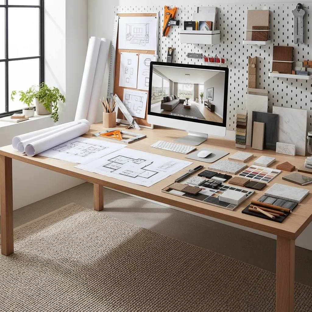 Mesa de trabajo con planos arquitectónicos y bocetos de interiorismo