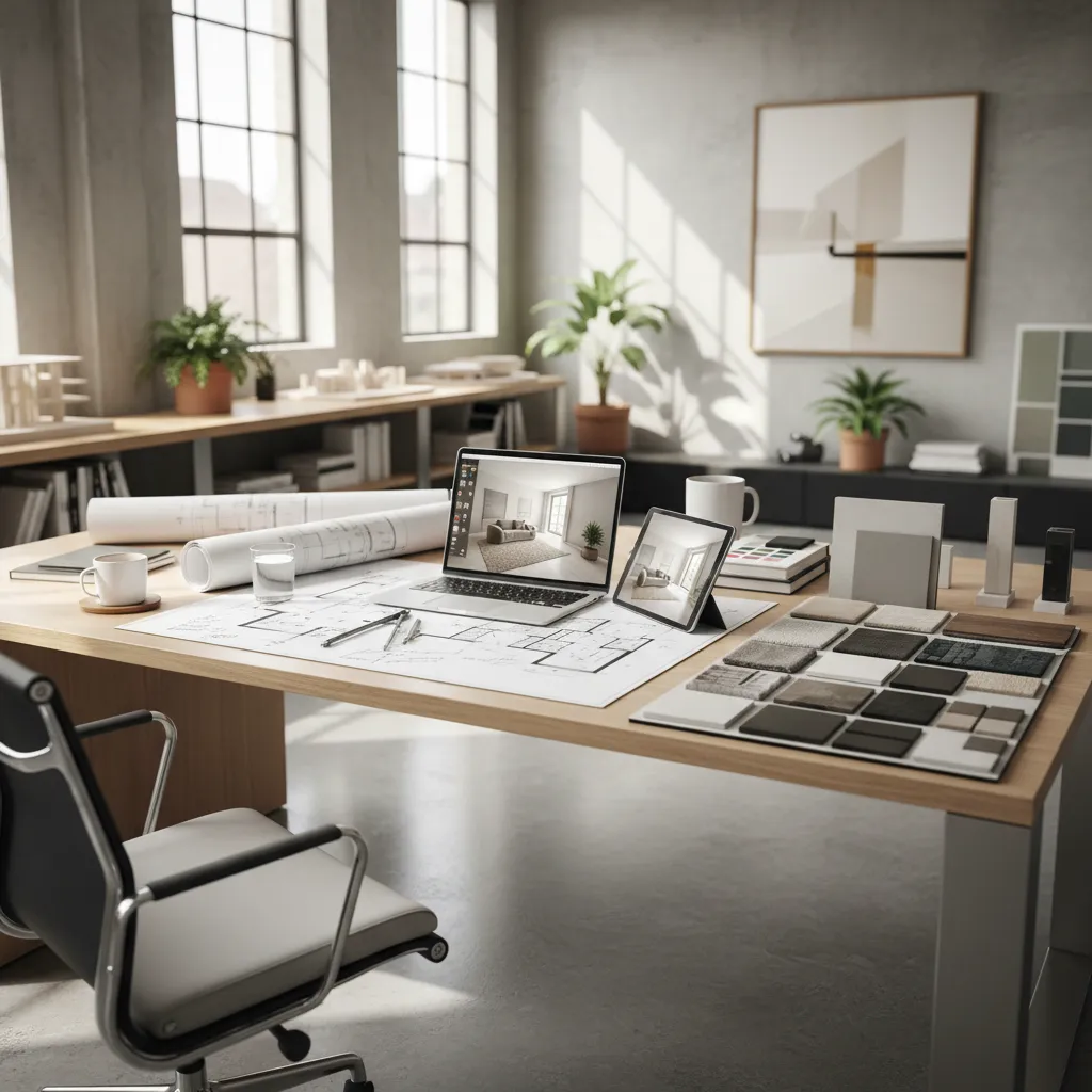 Mesa de trabajo con planos de interiorismo, muestras de materiales y ordenador