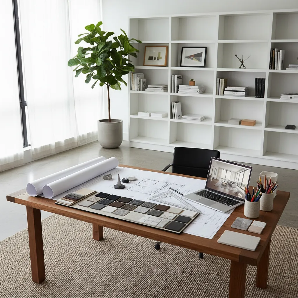 Mesa de trabajo con planos de interiorismo, muestras de materiales y portátil