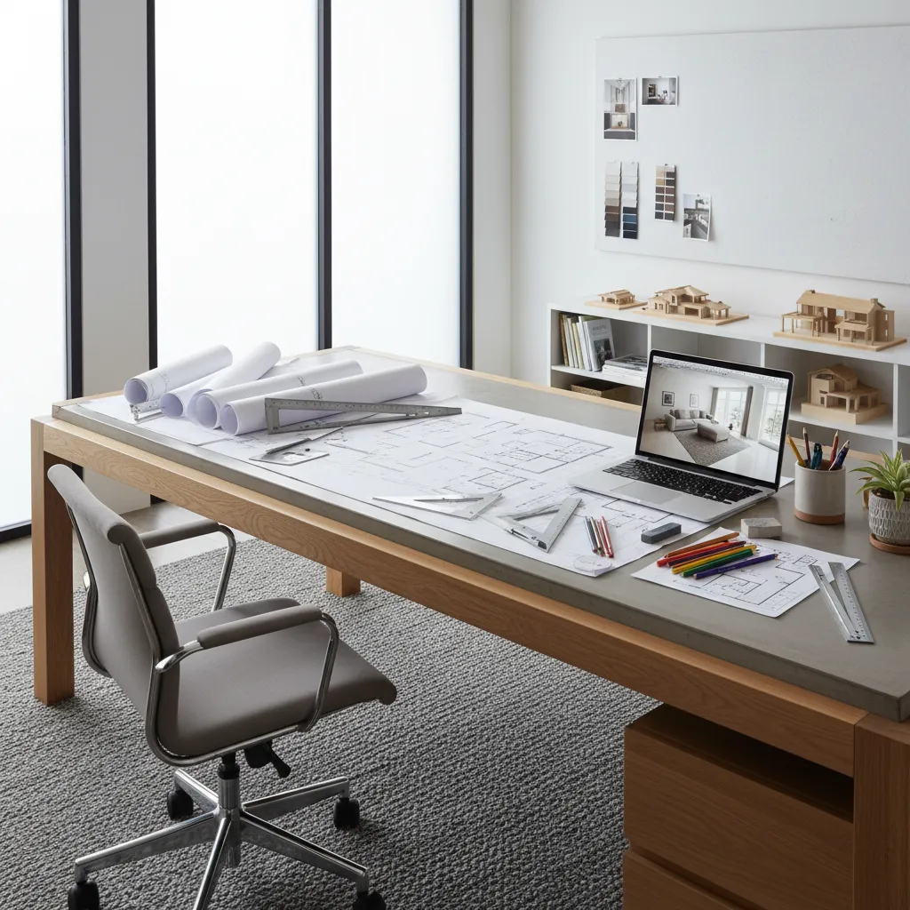 Mesa de trabajo con planos de interiorismo y herramientas de dibujo técnico