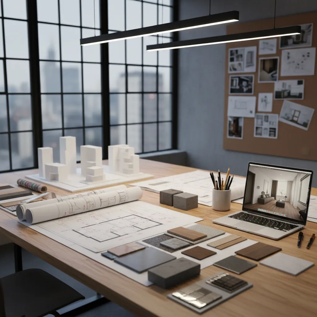 Mesa de trabajo con planos, maquetas y muestras de materiales para un proyecto de interiorismo