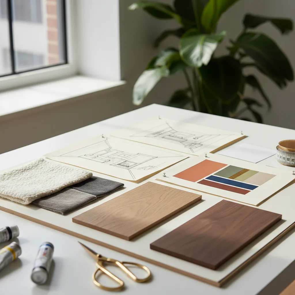 Tablero conceptual de diseño de interiores con muestras de materiales y planos