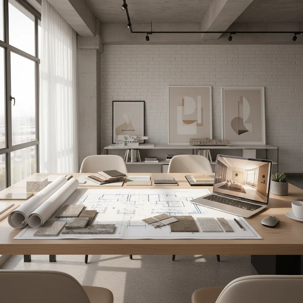 Floor plan on desk with laptop showing small interior design drawing and stone material samples