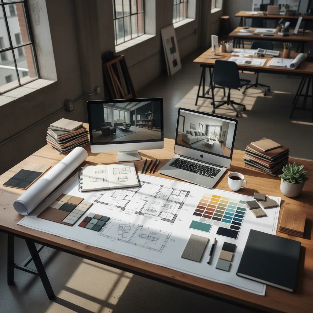 Proyecto de interiorismo con planos, muestras de materiales y bocetos