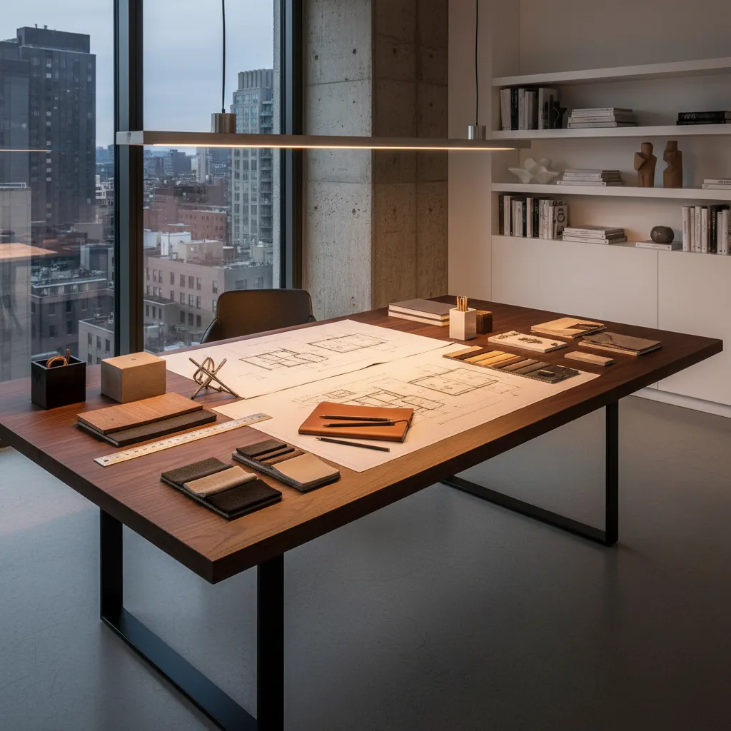 Wooden desk with room layout drawings, material samples, light fixture, and city view through windows