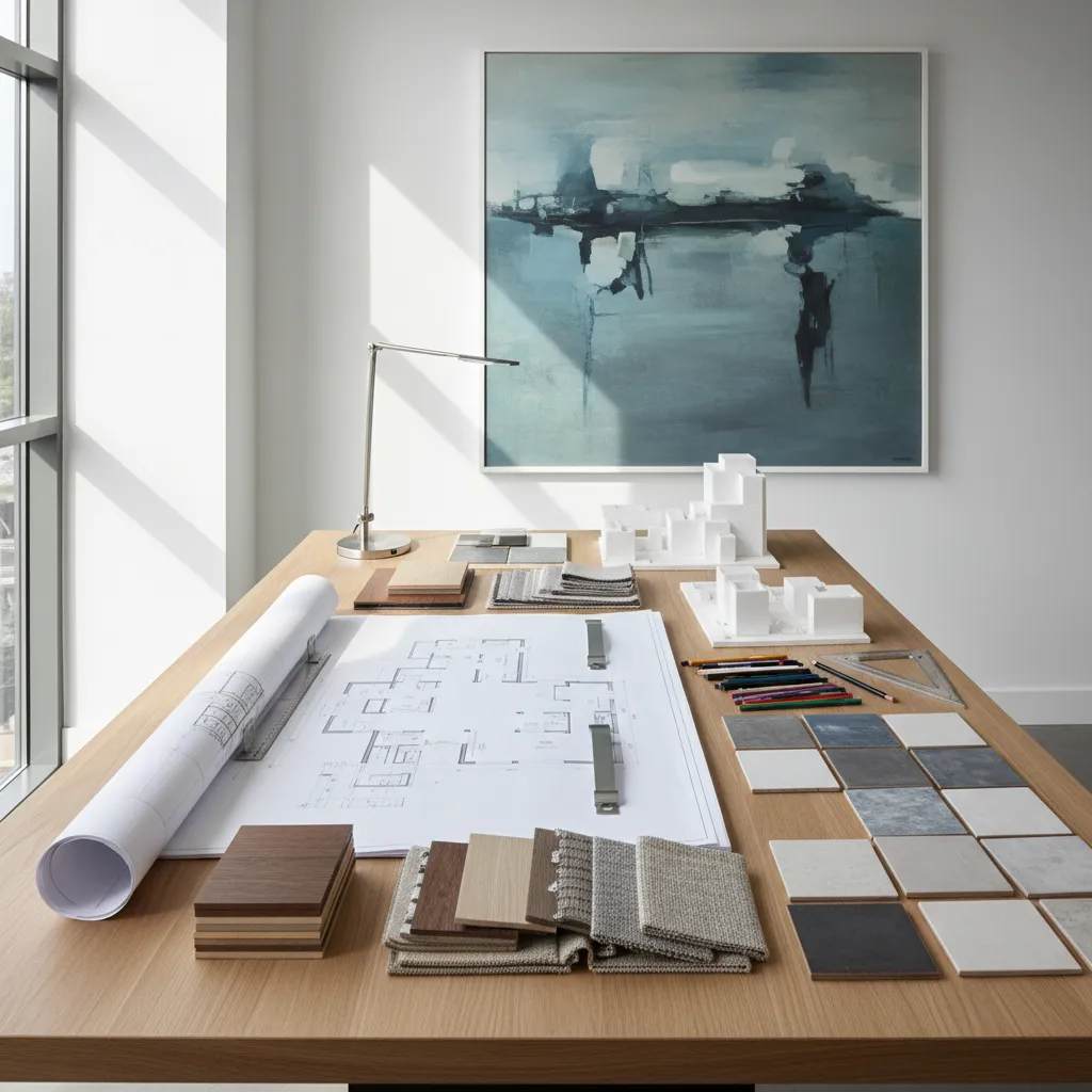Wooden desk with house floor plan drawings building models fabric swatches and tiles for design