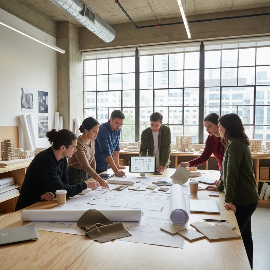 Group of designers discussing a floor plan layout around a wooden table in a studio