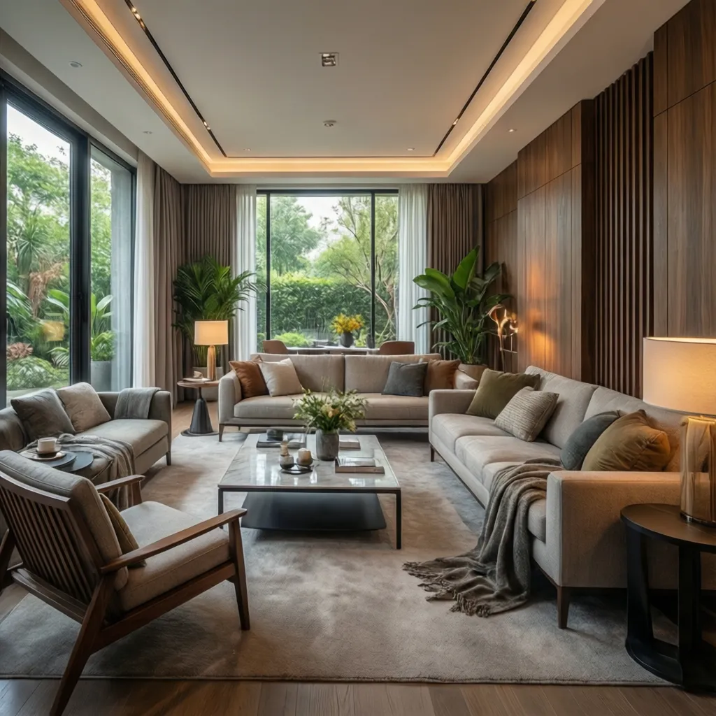 Modern living room with grey sofas wooden wall panels large windows and warm ceiling lights