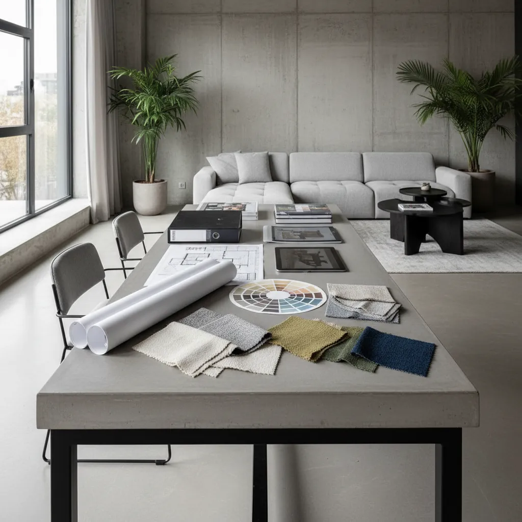 Proyecto de diseño interior de un salón moderno con planos y muestras de materiales
