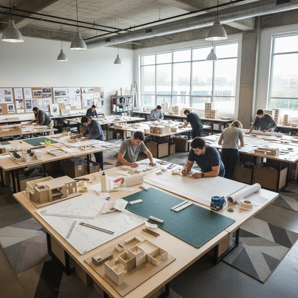 Estudiantes de diseño creando maquetas y planos de interiores en un taller universitario