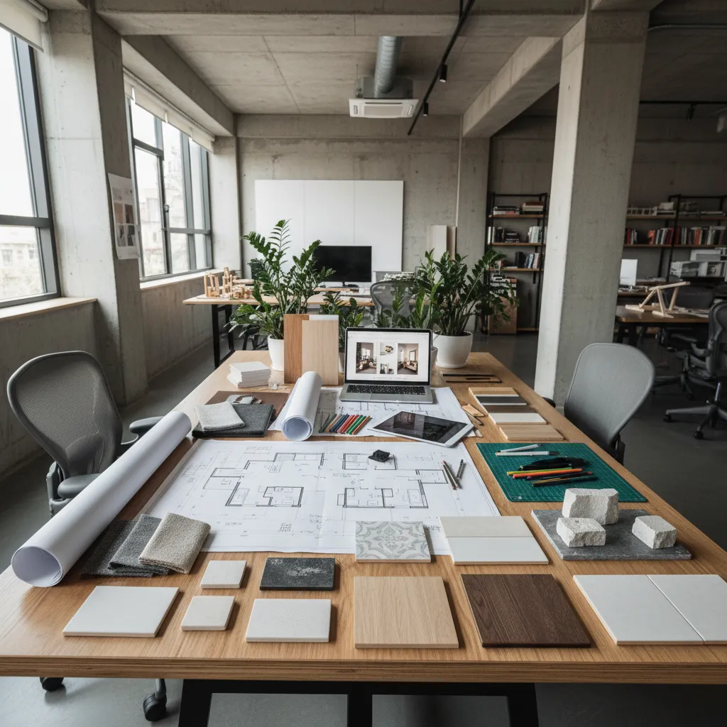 Proyecto de diseño de interiores residencial con planos y muestras de materiales