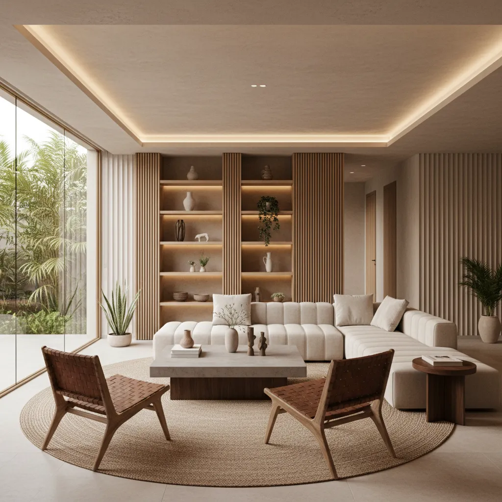 Modern living room featuring beige sofa wooden chairs round rug coffee table and wall shelves