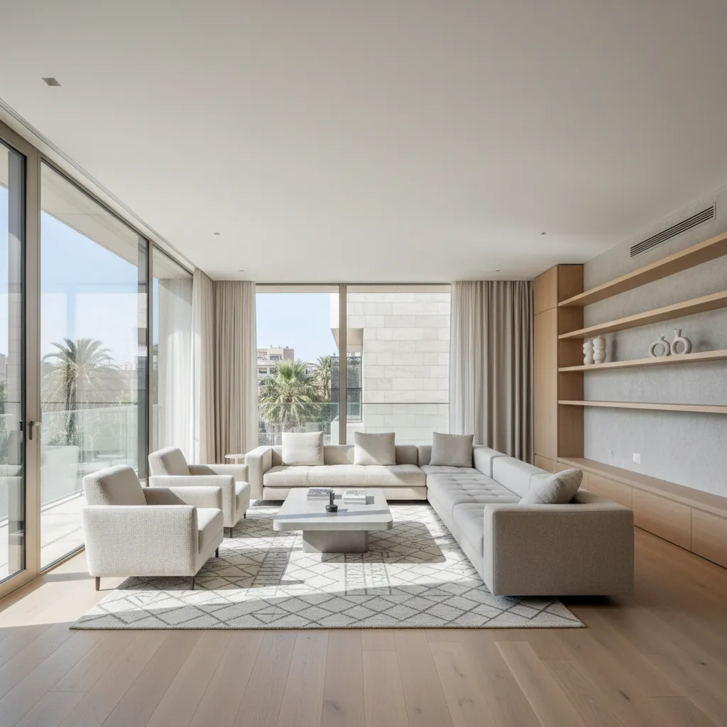 Salón moderno en Barcelona preparado para una sesión de fotografía de interiorismo