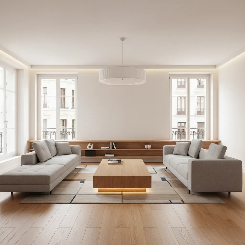 Salón moderno bien distribuido diseñado por interioristas